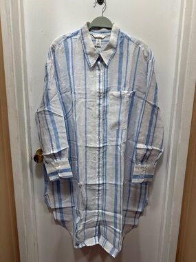 H&M Linen Button-Up Shirt in White and Light Blue Stripes
